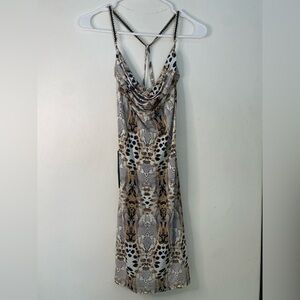 Bebe Backless Snake Print Mini Dress with Gold Chain Detail
